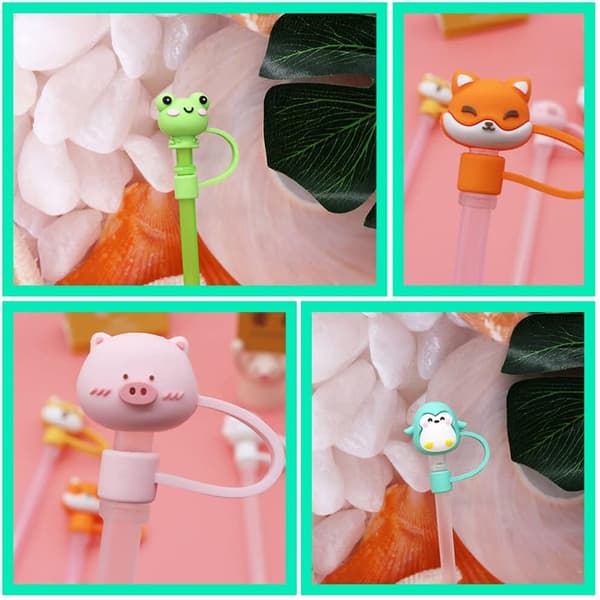 12 Pieces Silicone Straw Tip Covers Animal Shaped Straw Protector Caps