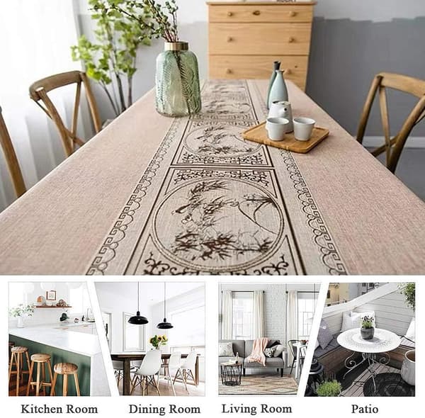 Rektangulær pletafvisende dug i hør og bomuld, broderet dug, elegant dug i kinesisk stil (rektangulær/oval, 140 x 220 cm)