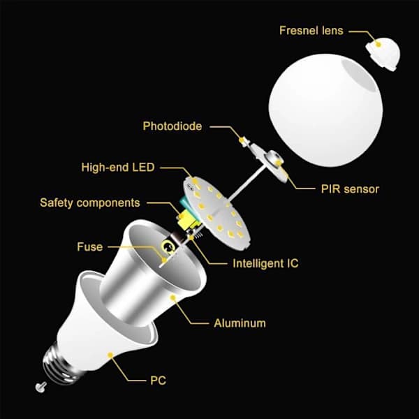 LED-pære - Uspecificeret - E27 - 12W - 3000K - Lyssensor og PIR