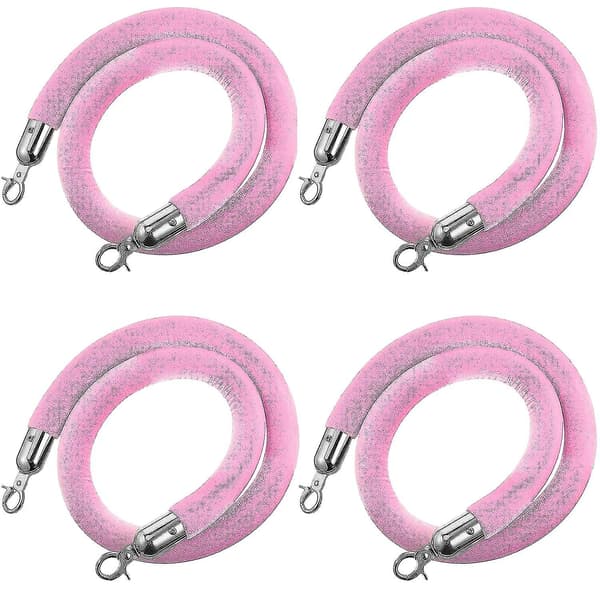 5 ft Velvet Rope Pink, 4-pack Crowd Control Rope Safety Queue Barrier with Silver Hook, VIP Rope Compatible Party Events Decor-G