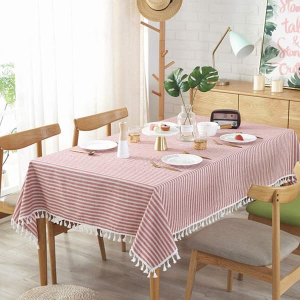 Striped Cotton Linen Tablecloth with Fringes, Stain Resistant/Dustproof