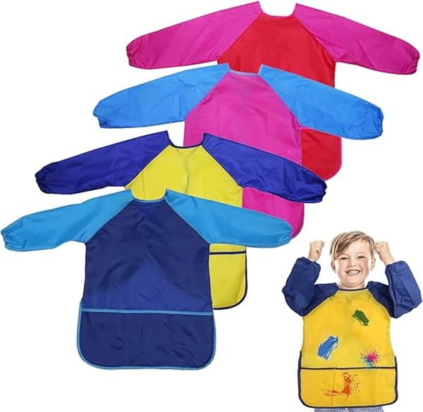 Firedelt forklædesæt til børn, malerforklæde, kunstforklæde, håndværksforklæde, langærmet med lommer, vandtæt til 3-8 år, 60 cm
