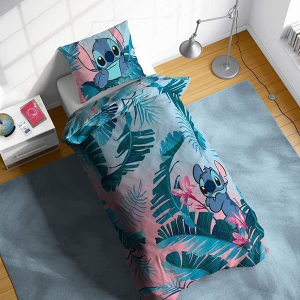 Sengetøy Disney Lilo & Stitch med blomster enkeltseng Blå Blå