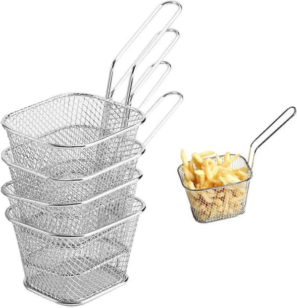 4 x friturekurve i rustfrit stål til servering med håndtag, netfriturekurv til pommes frites, rejer og løgringe