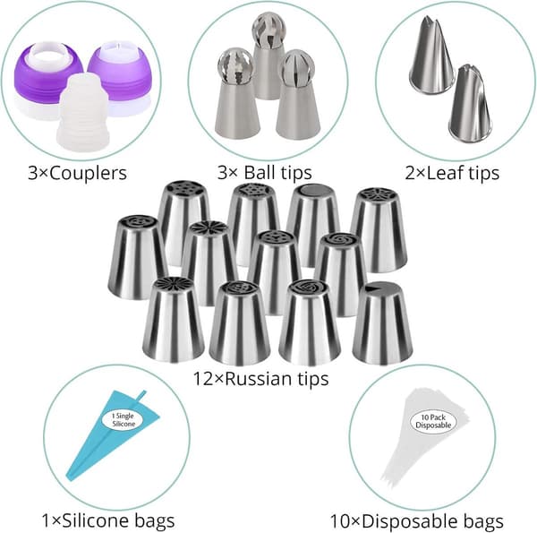 Disposable Piping Bag with 31 Nozzles Silver Baking Decorating Tool Cake Compatible with All Brands
