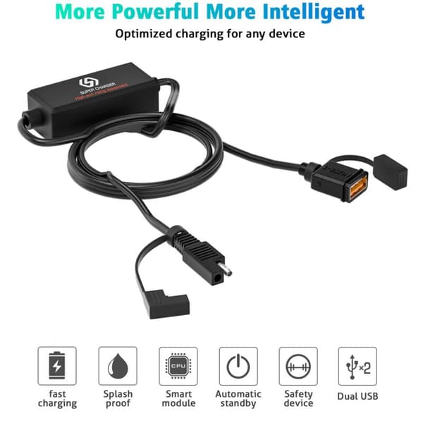 SAE til USB-adapterkabel for 10V-24V DC motorsykkellader, QC3.0 vanntette doble porter