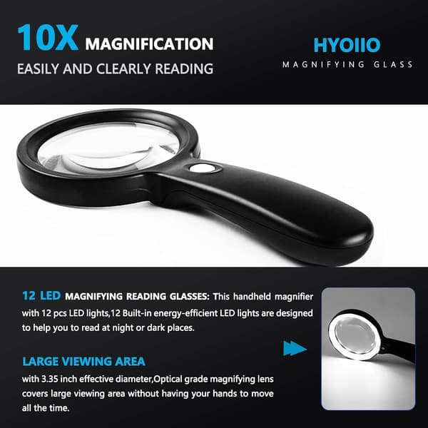 10x Magnifying Glass with Light, Illuminated Magnifying Glass 10X