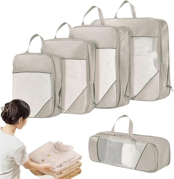 rejsekompressionspose 5-delt foldbar og pladsbesparende beige - Beige