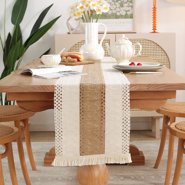Makramé bordløper, kaffefarge, 180x30cm, bomull, rustikk gårdsbryllupsfestdekorasjon