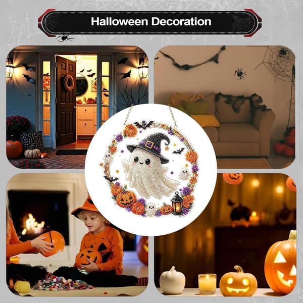 Halloween Edelsteinbild katter spøkelse flat akryl-glitter dekorasjon hvit - Weiß