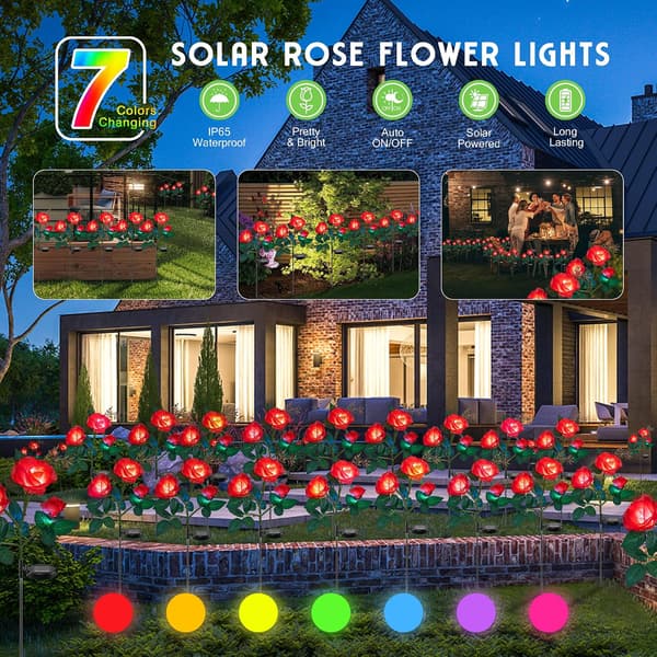 Solcellsdekoration Blomljus 1-pack, Utomhus Solcellsträdgårdslampa med 3 Rosor (Röd)