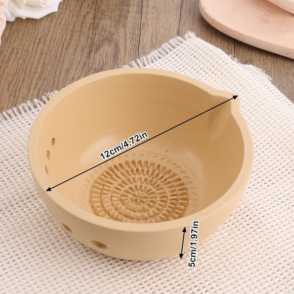 2-in-1 Herb Stripper Bowl with Grater, Stoneware Garlic Ginger Grating Bowl for Home Cooks, Beige