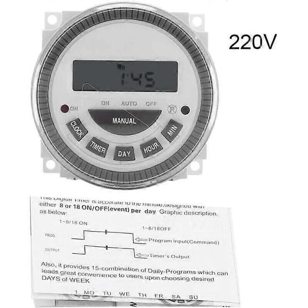 16A Ugentlig Timer Programmerbar Ugeur Programmeringsrelæafbryder med Støvbeskyttelse til Husholdningsapparater Lamper Displaypanel (220V)