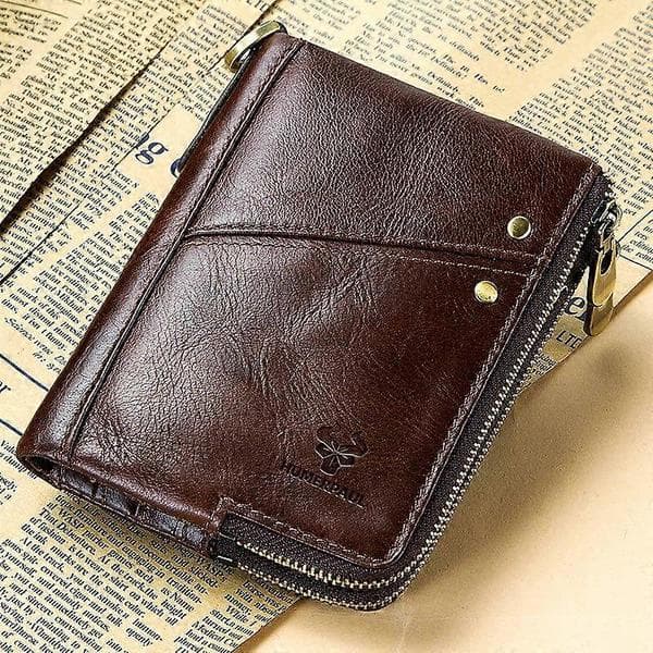 Practical and Beautiful Humerpaul Genuine Leather RFID Blocking Double Zipper Men's Wallet Bifold Slim Horizontal Wallet