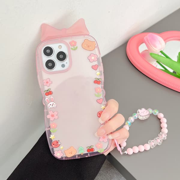 2 stk. lyserøde blomsterbuer til iPhone 13 Pro Max med kædepar
