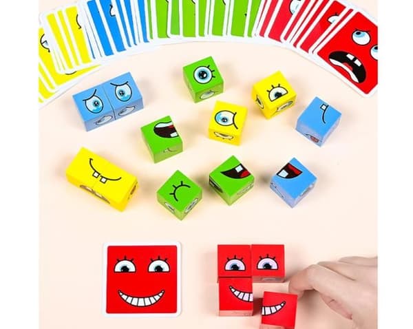 Interaktiv Emoji-terning, Træudtryk Matchende Terningpuslespil, Ansigtsændrende Terningespil, Emoji Byggeterning, Terninger[YJD]