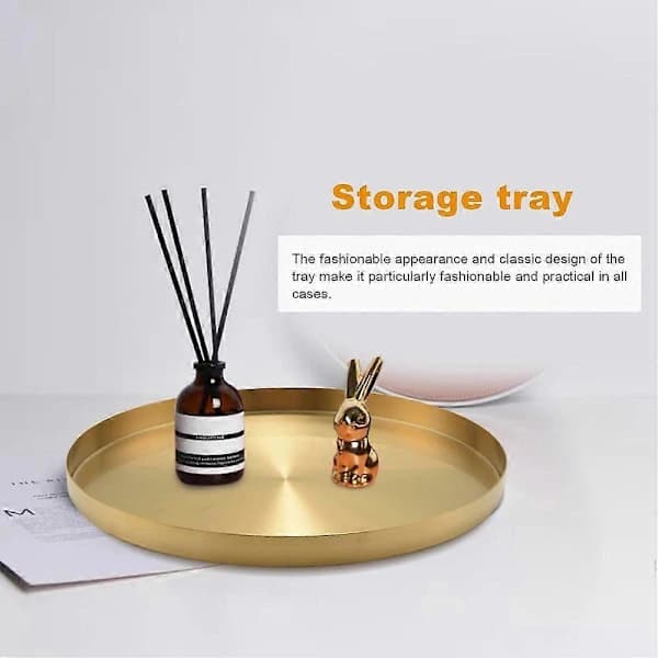 Round Gold Tray, Decorative Metal Tray Makeup Tray Organizer for Dressing Table, Bathroom, Clothes, Matte Brass DS