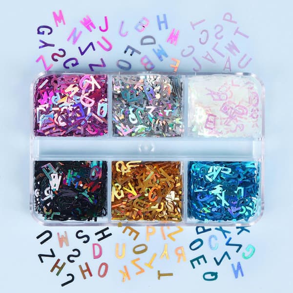 Engelske bokstaver Glitter Paljetter Flak Harpiks UV Epoxy Form Fyllinger Negledekorasjon