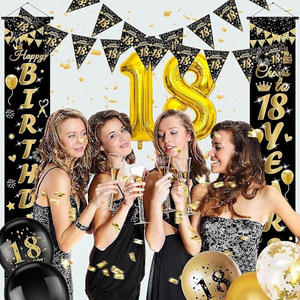 18-årsdag dekorasjonssett med banner, ballonger og duker