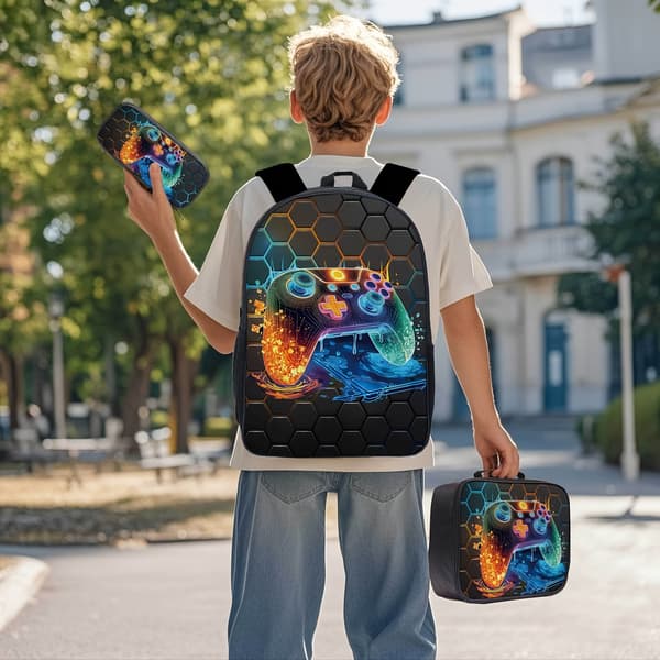 Trendy Patterned Backpack, Large Capacity Bookbag Three-Piece Set for Men (FMY) Model B Neon Model B Neon