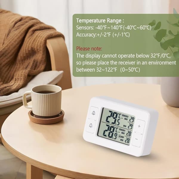 Digital Fridge and Freezer Thermometer with 2 Wireless Sensors, LCD Screen, Min/Max Function and Audible Alarm
