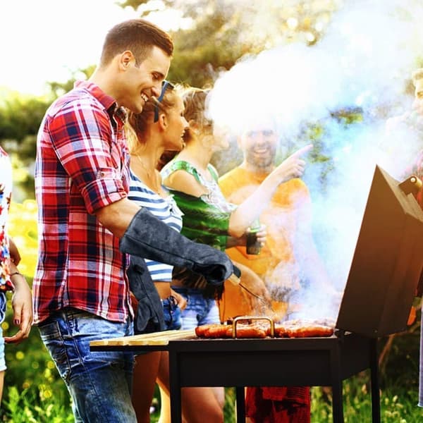 Varmebestandige handsker, læderbrandhandsker til grill, ovn, svejsning, havearbejde (grå-sort, 35,5 cm)