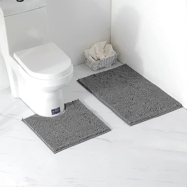 2-delt badeværelsestæppe / toilettæppe sæt, blødt absorberende tykt chenille skridsikkert toilettæppe til badeværelse / toilet, maskinvaskbart (mørkegrå)