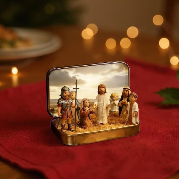Mini Jesus-figurer realistisk blikkboks som skrivebordsdekorasjon -