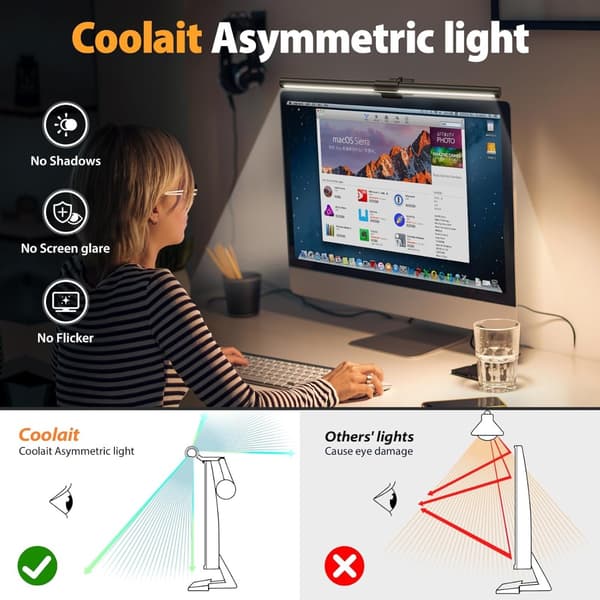 Monitorlampa för ögonskydd 34cm svart för bärbara datorer, klämma, USB-driven, justerbar 45 grader, touchkontroller och 60 min timer