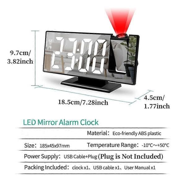 Practical and Beautiful Digital Alarm Clock 180° Rotation Projection with Time Temperature Snooze Desk Clock 12/24H USB Projector