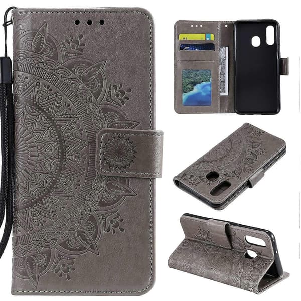 Preget Mandala Blomst Stativ Lommebok Skinnveske til Samsung Galaxy A40 Grå Grå Grå Grey Grey