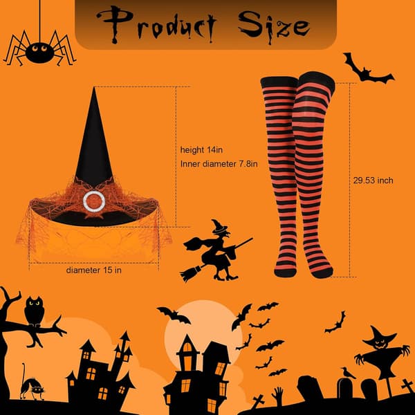 3 sett Halloween heksehatter stripete lårhøye strømper for kvinner | Lilla rød