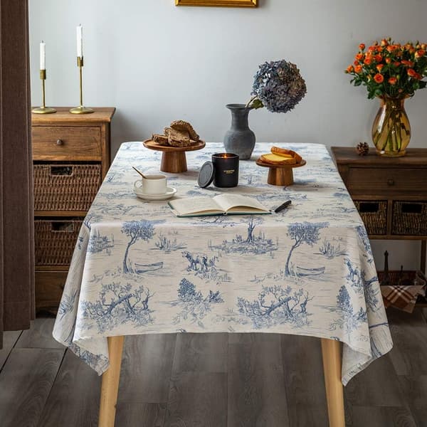 Klassisk rustikk linserviet med fransk bytrykk - Borddekorasjon for bondegård - 140x180 cm - Rektangulær - Blå