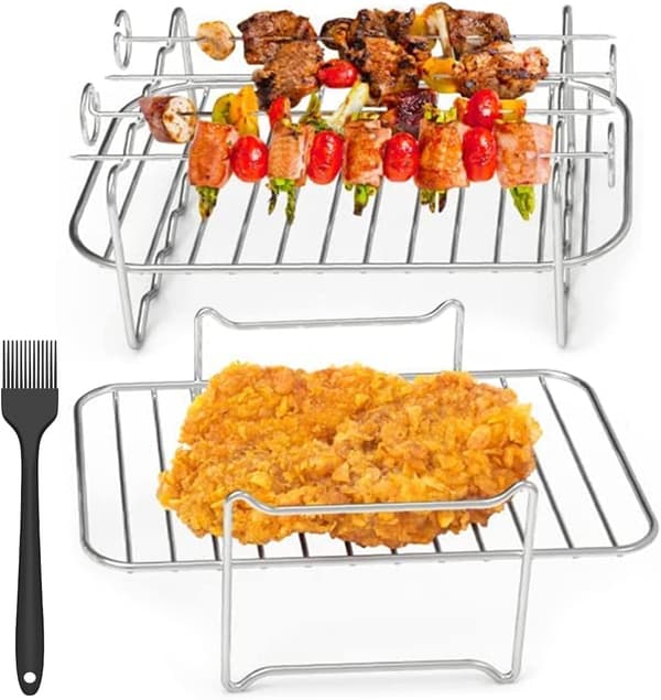 2 stk Airfryer-stativ, 4 spyd Grillrist i rustfritt stål