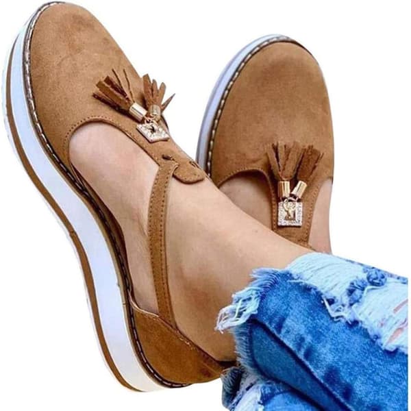 (Brun US 10) Women's Tassel Leather Closed Toe Platform Sandals Adjustable Ankle Strap Buckle Non-slip Comfortable