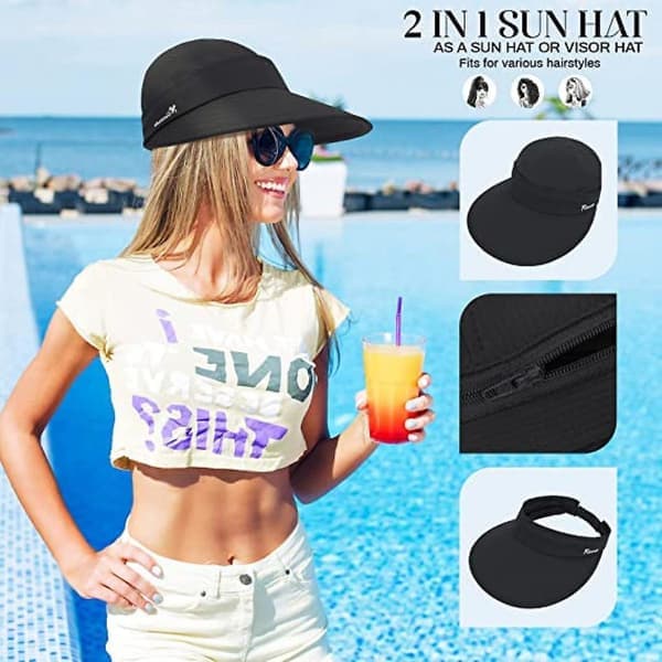 Solhatter for kvinner UV-beskyttelse Bred brem 2 i 1 Avtakbart visir Sommer Strandhatt Dame Sammenleggbar Golfhatt db