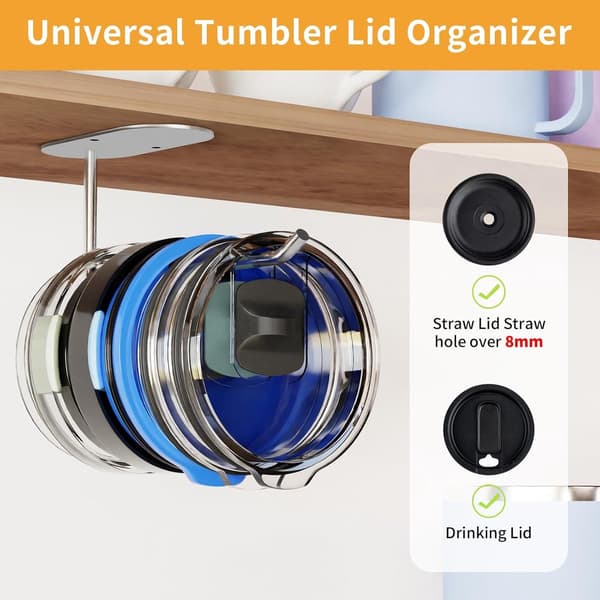 Mug Lid Organizer (16.4 x 4.4 x 5.9 cm), Space-Saving Mug Lid Organizer Under Cabinet, Multifunctional Self-Adhesive Storage Hook