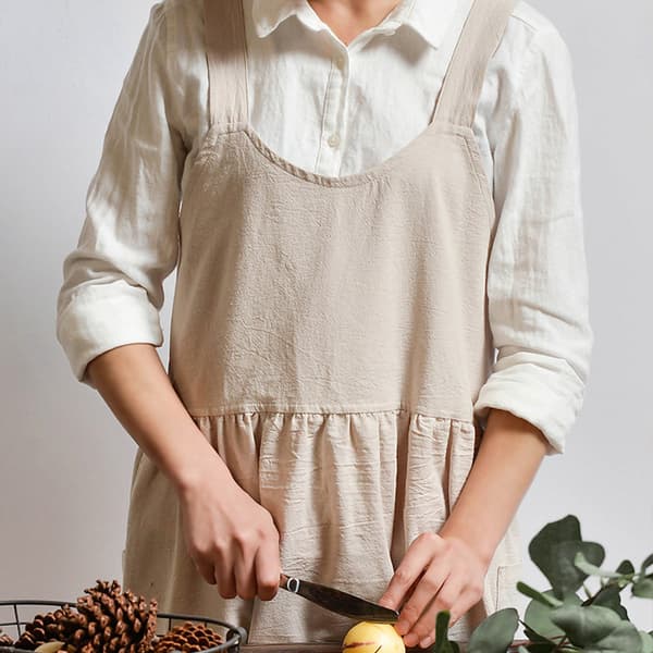 Bomullslinnesforkle, ensfarget, for matlaging, baking, blomsterbutikk, arbeid, rent forkle (Mandel)