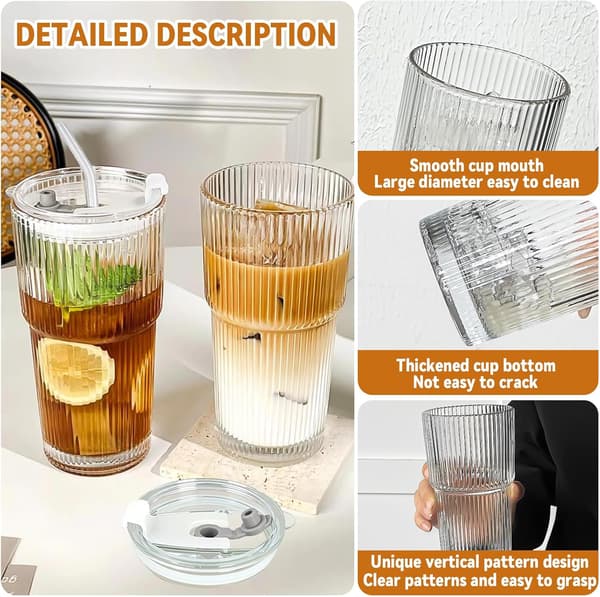 Set med 2 vattenglas med lock, sugrör och borste, 600 ml juicekopp, cocktailglas, glasmuggar, ölglas