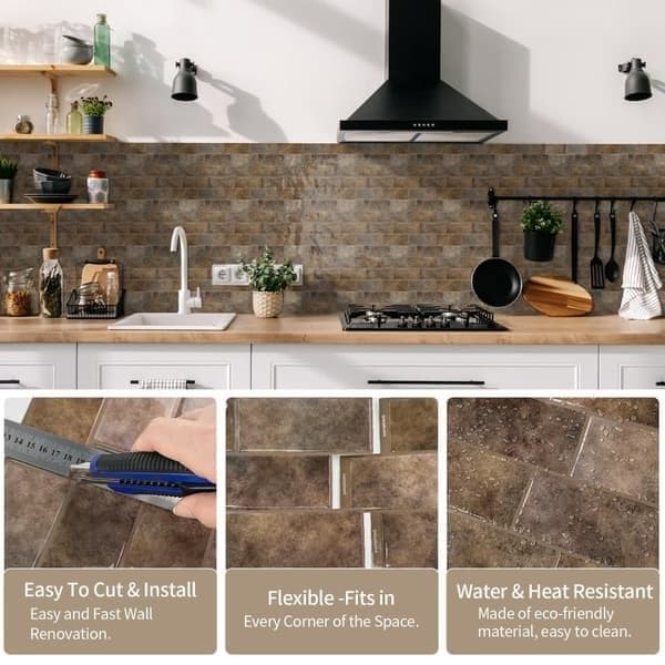 10-pack 3D Tile Wall Stickers - Waterproof, Perfect for Kitchen and Bathroom Walls Brown
