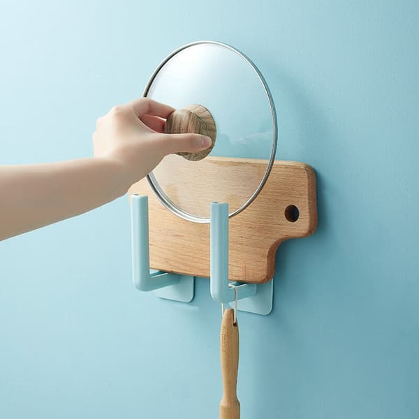Punch-free kitchen pot holder hanging wall shelf multifunctional cutting board bathroom shelf wall-mounted cup storage rack hooks blue 2