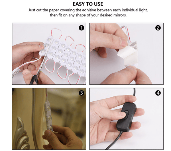 Injection Molded Protective Vanity Lights, Customize Mirror Size, Hollywood Style, Easy To Install, Smart Memory Function, Adhesive On Back For