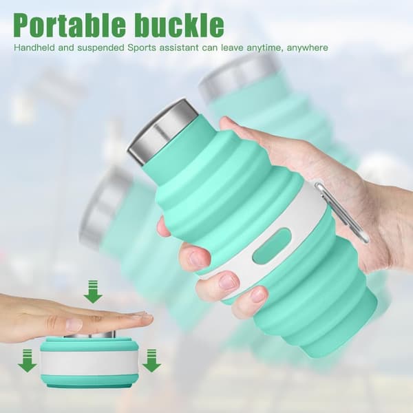 Two-piece foldable water bottle, soft silicone bottle with carabiner, travel bottle, grey, blue