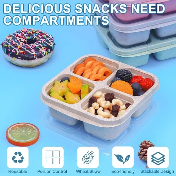 Bento Lunch Box with 4 Compartments, Reusable, BPA-Free Food Container with Sauce Holder for Adults, Stackable, Multicolor