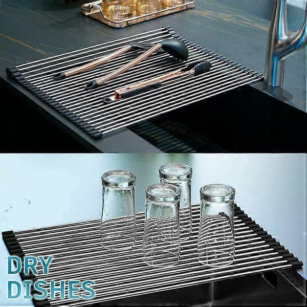 Roll-up dish drying rack, 100% BPA-free foldable sink drainer perfect for fruit, vegetables, plates, silicone coated