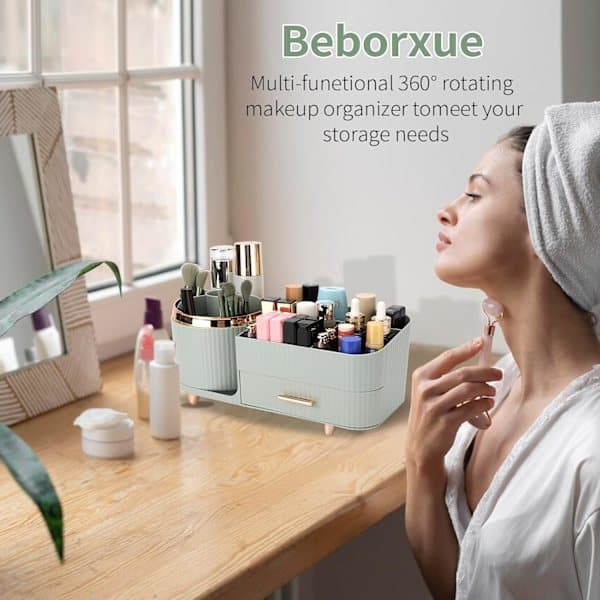 Makeup Storage, Cosmetic Display Cabinet with Drawers, 360° Rotating Multifunctional Cosmetic Storage Shelf