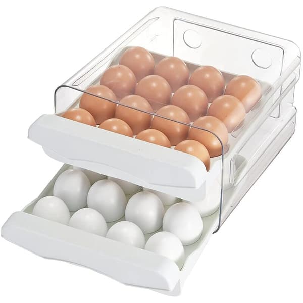 32 Grids Egg Holder, Household Refrigerator Egg Storage Box, 2-Layer Transparent Chicken Storage Container (White)