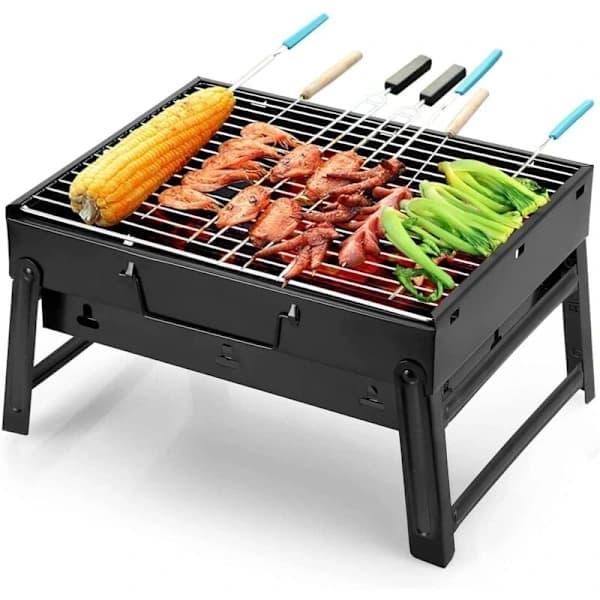 Bærbar foldbar kulgrill med 2 klemmer i rustfrit stål til udendørs camping, picnic og grill i haven