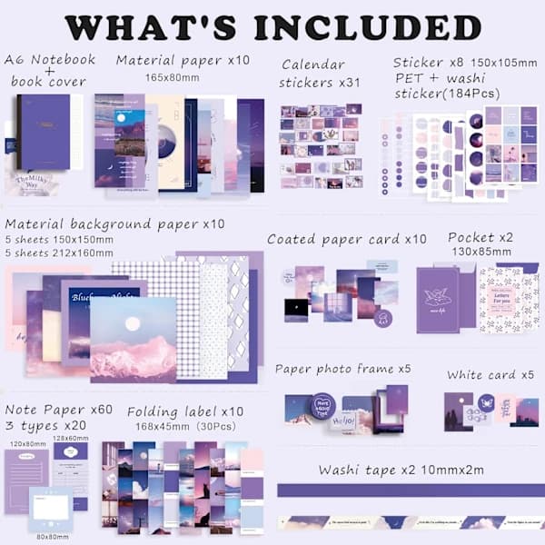 351-delt scrapbooking-tilbehørssæt, lilla æstetisk bullet journal scrapbog-kit med A6-notesbog med tern