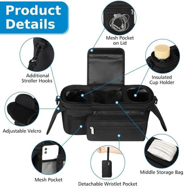 Universal Stroller Organizer with Insulated Cup Holders and Detachable Phone Pouch for Strollers Black